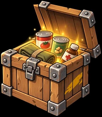 Open supply crate filled with food, tools and rolled blankets