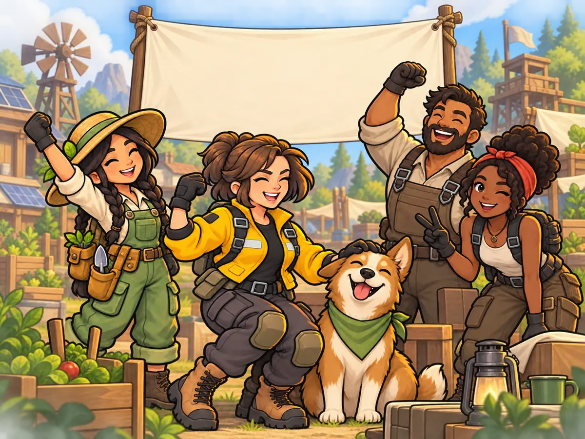 Lantern District survivors gathering beneath a blank community banner