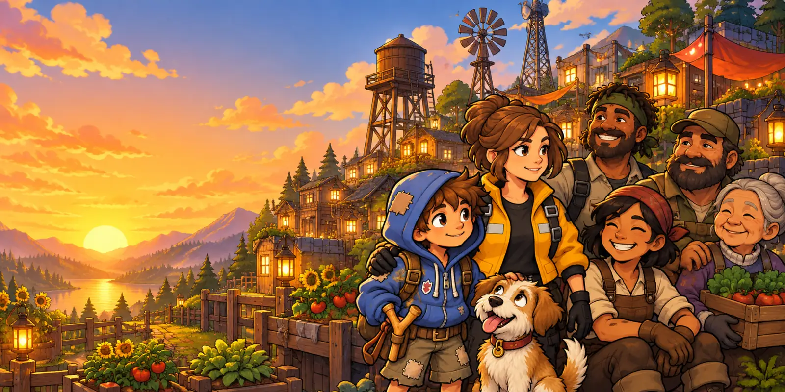 Survivors together in a rebuilt Lantern District at sunset